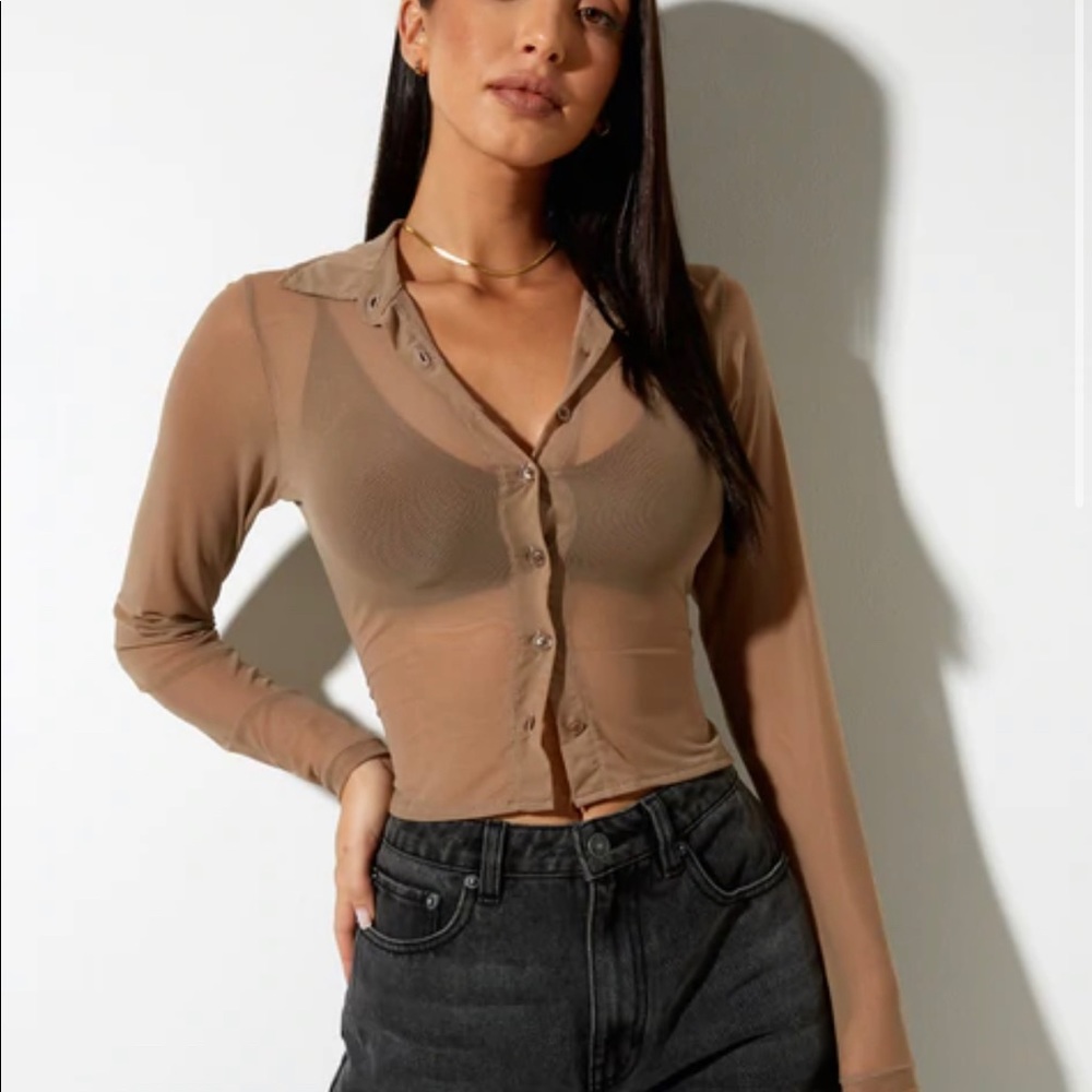 Motel rocks taupe sand sheer long sleeve cropped collared shirt